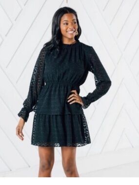 Sail to Sable Blue Jacquard Lace Tiered Long Sleeve Dress NWT M